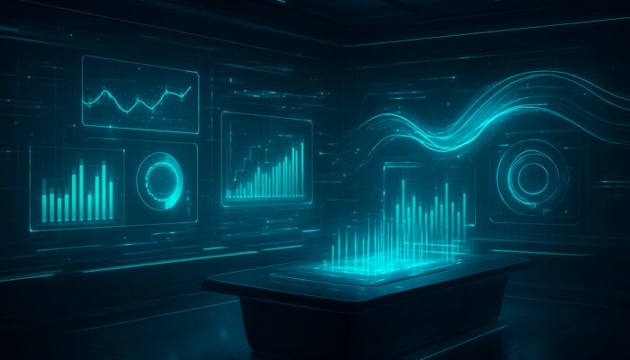 Futuristic control room with holographic charts displaying real-time resource metrics and allocation trends.