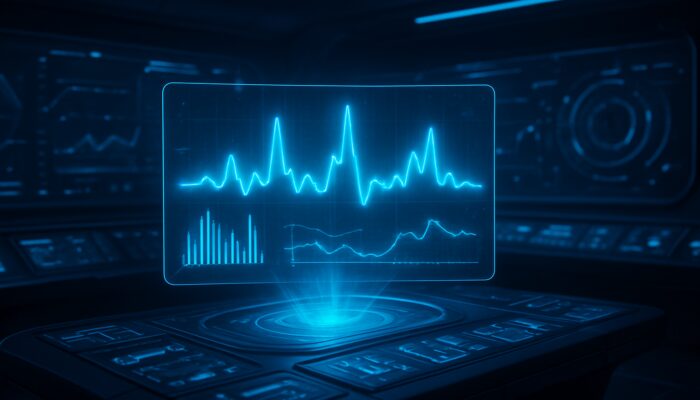 Futuristic control room with holographic dashboard displaying real-time performance metrics and bottleneck detection graphs.