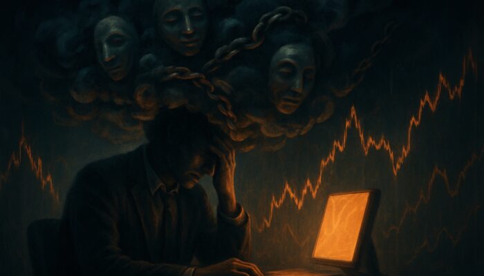 Surreal trader at glowing terminal clouded by overconfidence masks and loss-aversion chains distorting stock charts