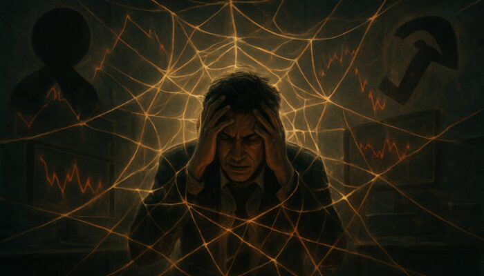 Stressed trader trapped in web of cognitive biases with distorted stock charts and false signals.