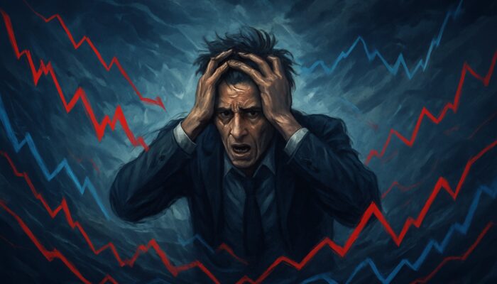 Frantic trader trapped in swirling cycle of chaotic stock charts and crashing graphs in stormy market.