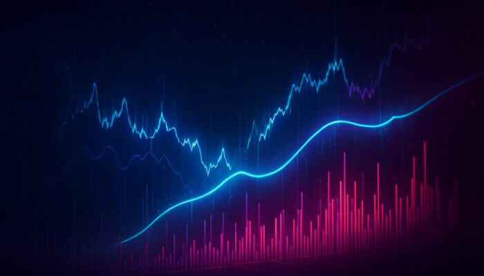 Futuristic cyberpunk trading chart with glowing VWMA line and pulsing volume bars filtering noise.