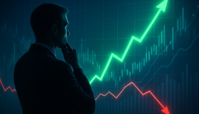 Trader analyzing holographic charts as green PDI line surges past declining red NDI, signaling upward momentum.