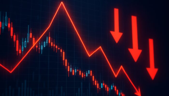 Futuristic trading interface with surging red NDI line on plunging candlestick chart and downward arrows.