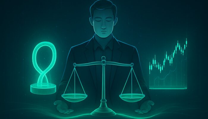 Serene trader balancing glowing scales between perpetual contract holograms and spot price charts in funding rate arbitrage.