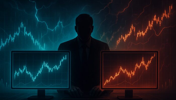 Arbitrage traders balancing positions on holographic screens with fluctuating spot and perpetual prices.