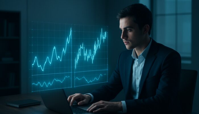 Trader studying holographic funding rate and volatility charts in modern office