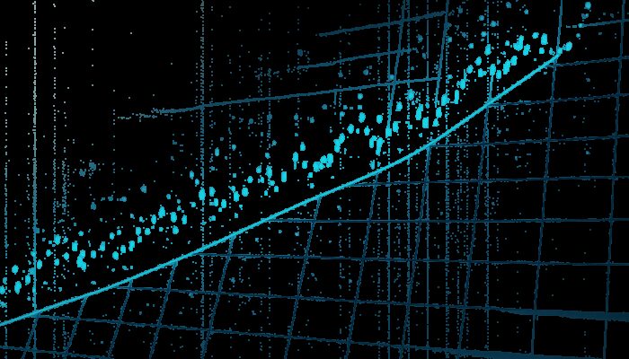 Holographic stock chart with blue LSMA trend line smoothing scattered noisy data points in futuristic interface