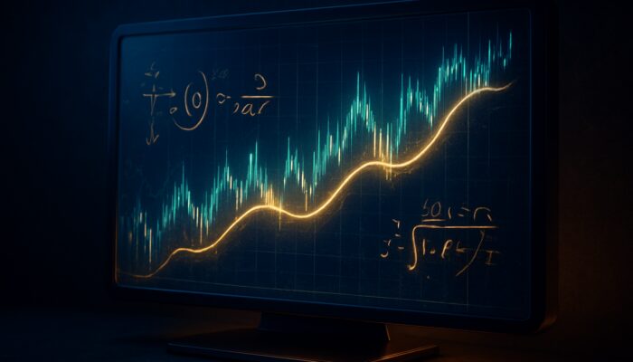 Sleek trading terminal with glowing LSMA line slicing through volatile stock graphs in blue and gold.