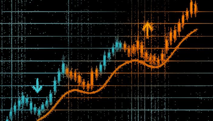 Dynamic financial chart with glowing LSMA line, price crossover, buy sell arrows in trading terminal