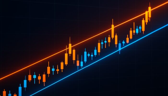 Trading chart with candlesticks bouncing between glowing blue support and orange resistance channel lines on dark interface.
