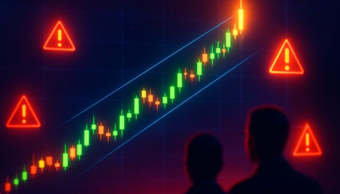 Candlestick chart breaking upward through channel trend lines with glowing trading alerts on screen