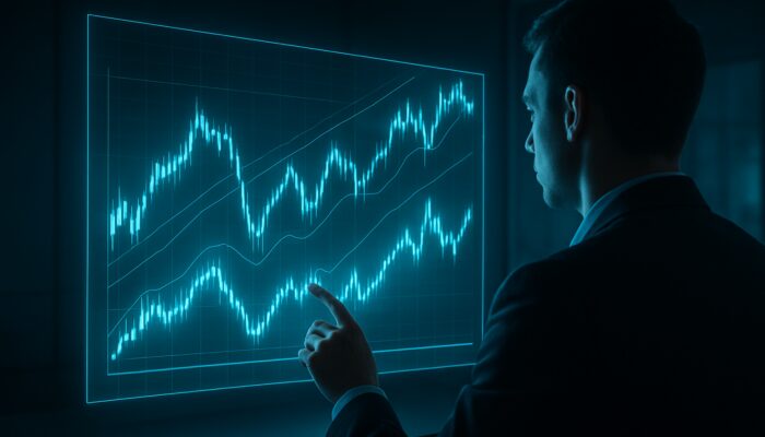 Trader examining holographic stock charts with historical channel patterns in dim data room.