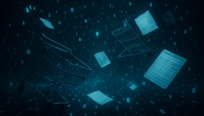 Surreal digital void with shattered shopping carts, floating order forms, and glowing error codes symbolizing orphaned orders.