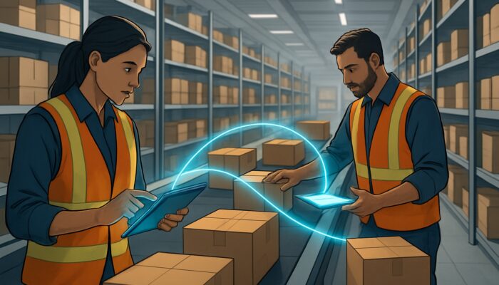 Logistics managers sorting orphaned packages with tablets in a bright modern warehouse