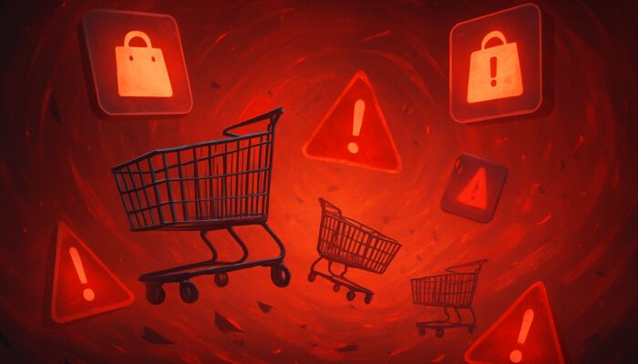 Surreal digital scene of shopping carts suspended in limbo amid swirling red payment gateway errors in virtual marketplace