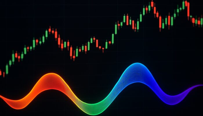 Trading screen with vibrant detrended price oscillator waves around zero on glowing candlestick charts.