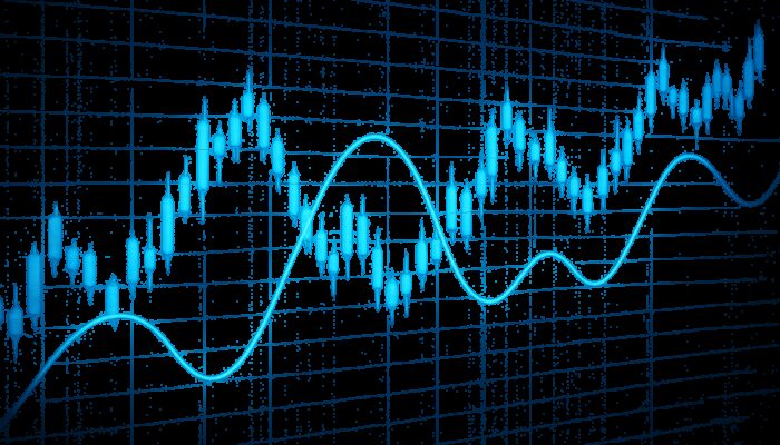 Holographic stock chart with glowing blue DPO oscillator wave slicing through candlestick trends in cyber-finance style