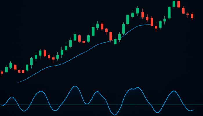 Trading interface with candlestick chart, displaced moving average, and blue DPO wave around zero line.