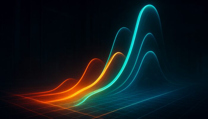 Surreal digital art of twisting implied volatility curves diverging over strike prices in futuristic arena