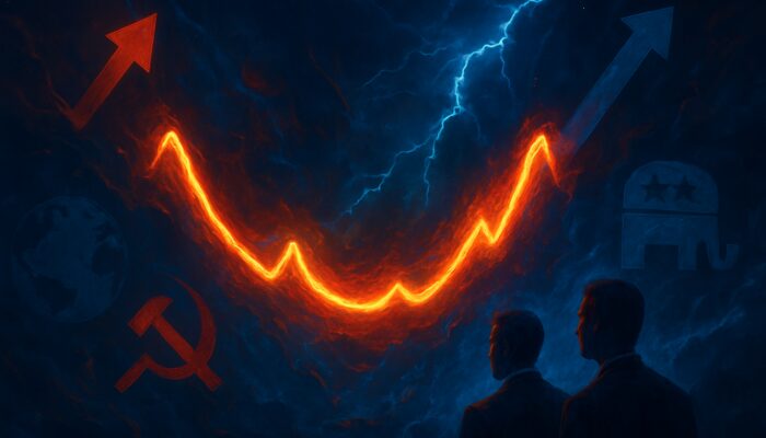 Surreal glowing volatility smile graph twisting amid geopolitical symbols and interest rate arrows in financial cosmos