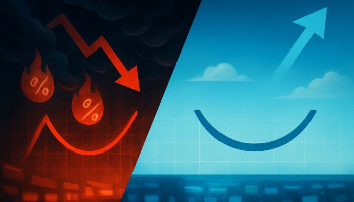 Abstract financial chart contrasting sharp volatility smile under stormy rates with flat curve in stable skies.