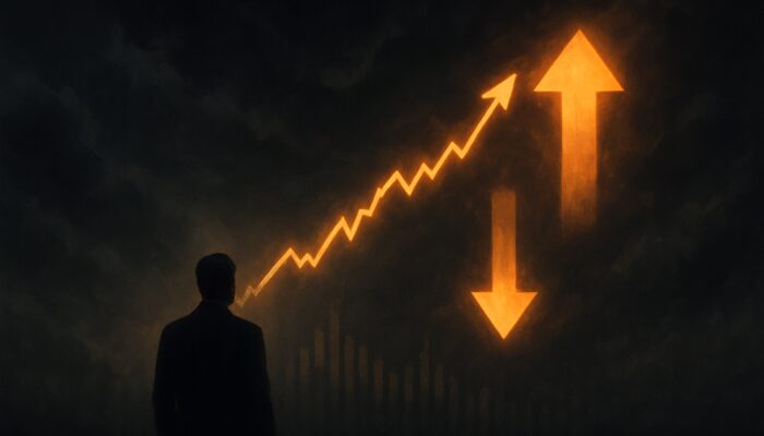 Surreal trading chart with rising price line diverging from fading volume bars and glowing reversal arrows.