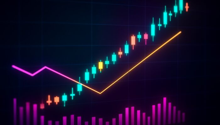 Trading chart showing OBV divergence with rising candlesticks and falling volume bars on dark monitor