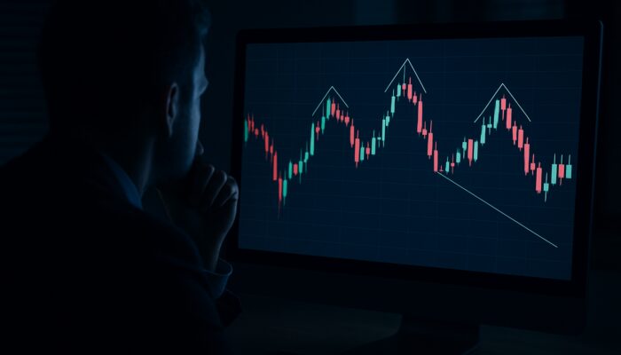Trader analyzing candlestick charts with double tops and head-and-shoulders patterns on glowing screen in dark office.