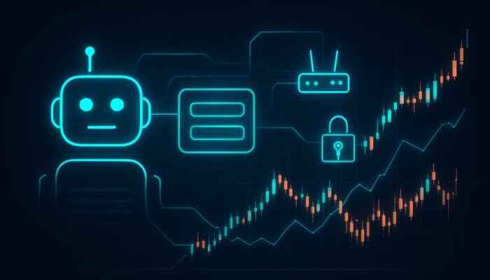 Trading bot dashboard with glowing API keys linked to stock charts via secure networks
