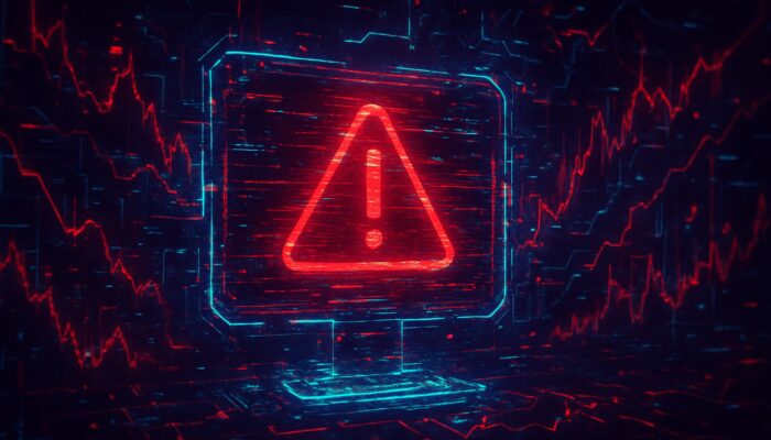 Futuristic cyberpunk trading bot interface glitching with connection error alert and chaotic red stock charts.