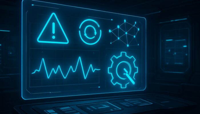 Futuristic cyberpunk trading bot dashboard with neon blue holographic alerts, graphs, and risk monitoring icons.