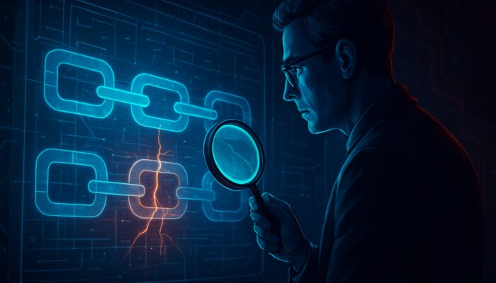 Cybersecurity auditor inspecting glowing smart contract code on holographic blockchain ledger in neon darkness.