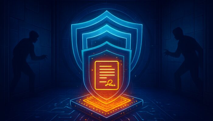 Neon cyberpunk vault showing glowing smart contract code shielded on blockchain ledger from shadowy exploits