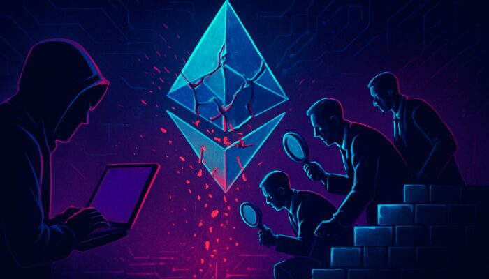 Cyberpunk scene of hackers shattering glowing Ethereum smart contract as auditors race to repair blockchain fortress