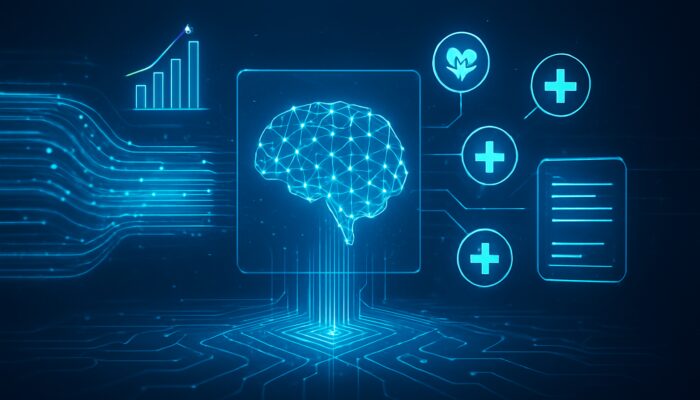 Futuristic digital hub with glowing finance charts and medical icons flowing into neural algorithms for holographic reports.