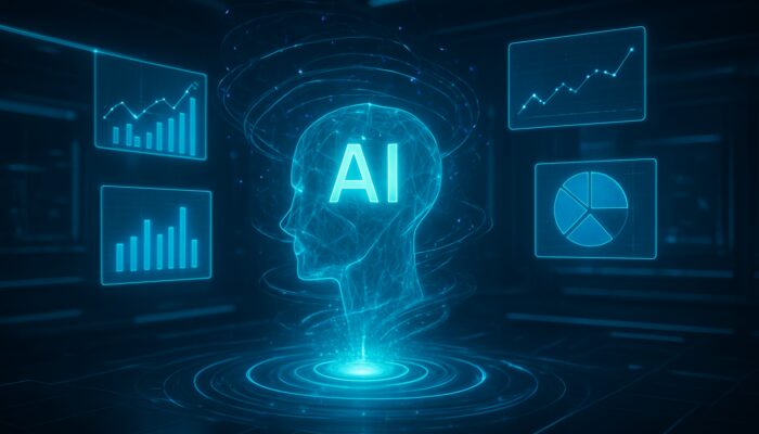 Futuristic AI generating holographic reports and charts in a neon blue digital command center.