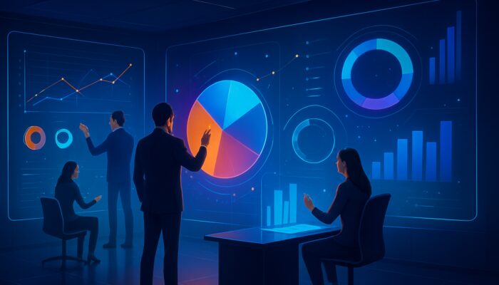Analysts customizing vibrant holographic dashboards with interactive charts for tailored business insights.