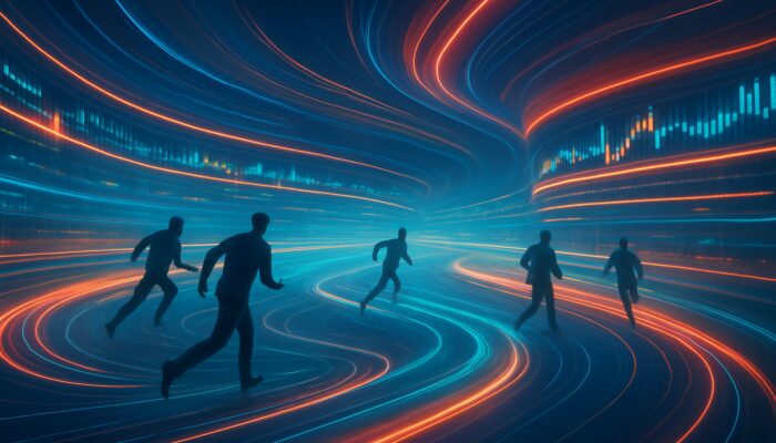 Futuristic stock exchange with glowing tickers and gliding traders on digital floor embodying Black-Scholes efficiency
