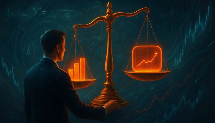 Trader balancing glowing stocks and options on scales amid Black-Scholes equations and market charts for delta hedging