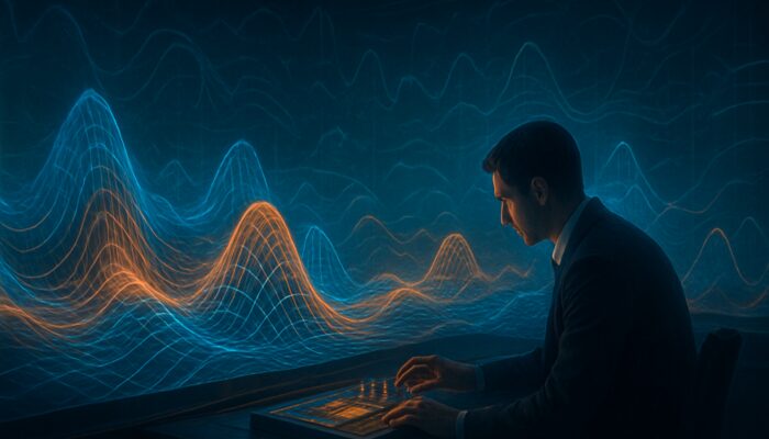 Surreal trader recalibrating options amid holographic Black-Scholes surfaces warped by volatility waves.