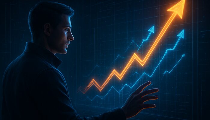 Trader examining holographic ADX chart with surging trend lines and momentum arrows.