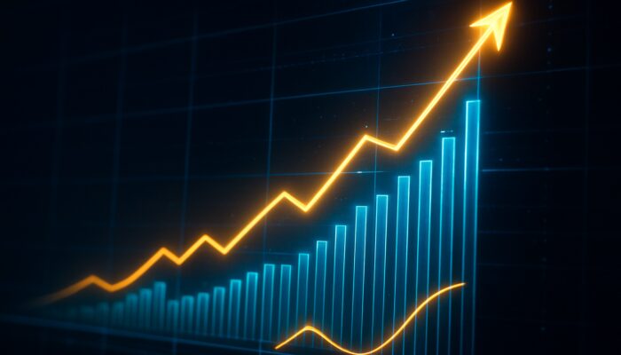 Cyberpunk trading dashboard with surging stock chart and spiking ADX trend line in neon blue and gold