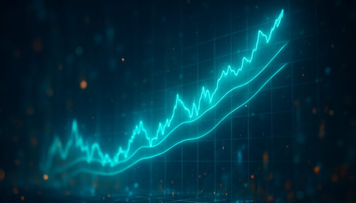 Holographic stock chart with jagged lines smoothed by moving averages into rising ADX trend.