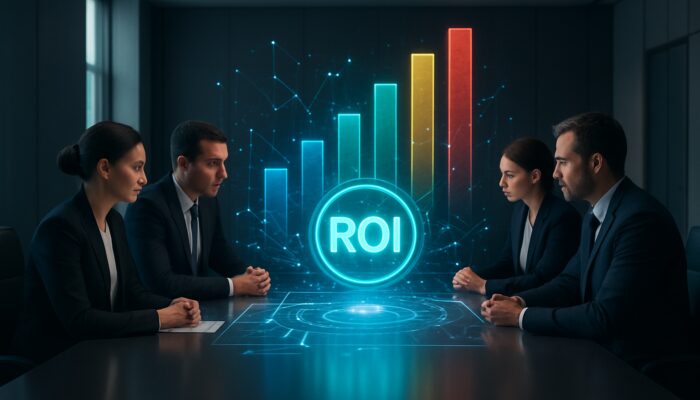 Executives reviewing glowing holographic ROI table with vibrant KPIs in modern boardroom.