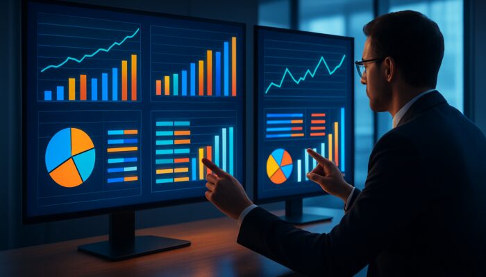 Business analysts refining sleek ROI tables with vibrant charts on glowing screens in modern office.