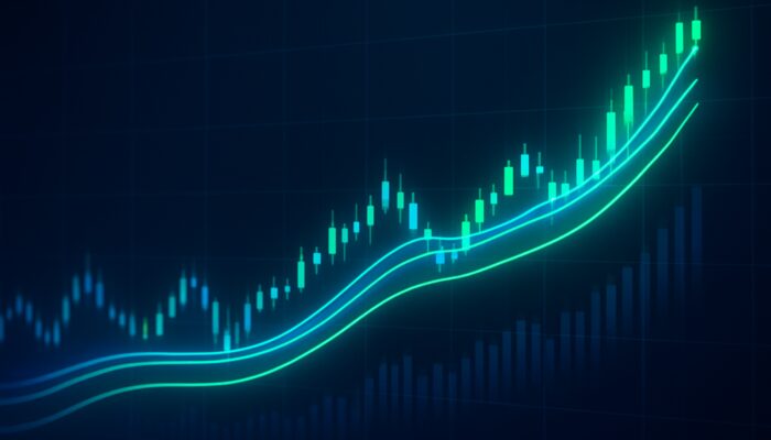 Dynamic stock chart with triple-layered glowing TEMA curves in blue and green tracking candlesticks.