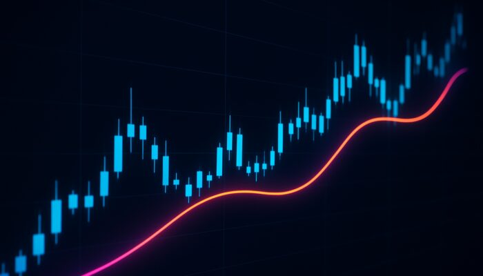 Futuristic trading screen with glowing candlestick chart and vibrant TEMA line on dark interface