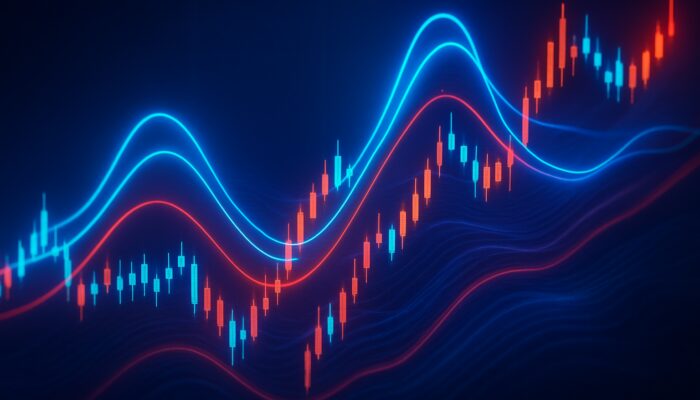 Vibrant stock chart with glowing triple EMA lines in electric blue and crimson for trading trends.