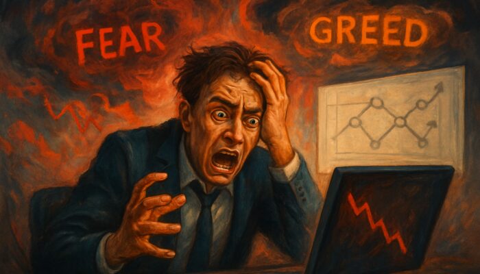 Frantic trader panics at crashing charts, ignoring calm strategy map amid market chaos